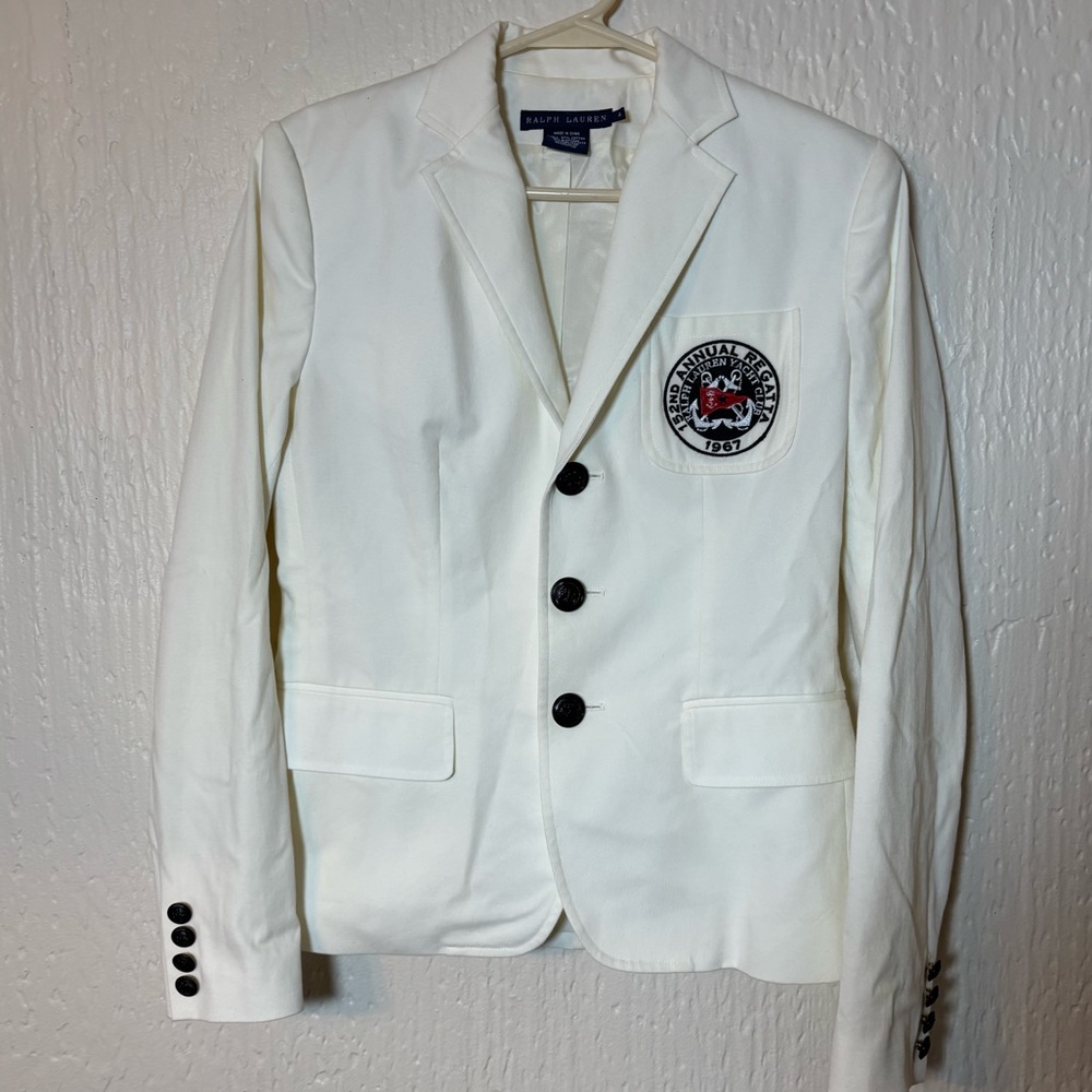 Ralph Lauren White Blazer with Embroidered Crest Patch Women Size 4